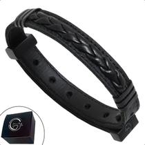 Pulseira de Couro Trança Preto com Fecho Strap Plug Ajustável