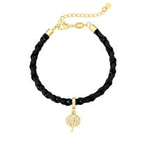 Pulseira de Couro Trançado com Charm Algodão Pequeno Revestido em Ouro Pulseira de Couro Trançado com Charm Algodão Pequeno Revestido em Ouro