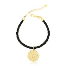 Pulseira de Couro Trançado Nossa Sra. Aparecida/Cruz Revestida em Ouro