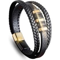 Pulseira de Couro Trançado, Preta com Fecho Magnético