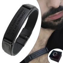 Pulseira de Couro Tudo Posso Naquele que me Fortalece All Black