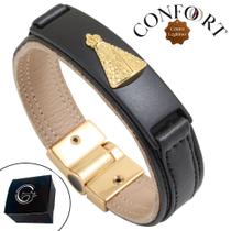 Pulseira de Couro Unissex Magnética Dourada Nossa Senhora All Black Pulseira de Couro Unissex Magnética Dourada Nossa Senhora All Black
