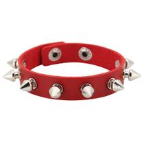 Pulseira de couro vermelho com pontas no estilo punk rock com 22 cm de comprimento