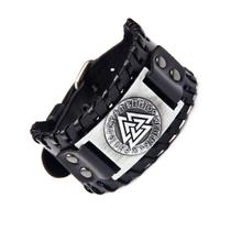Pulseira de Couro Viking Runas Valknut Bracelete Masculino Preto Punk Rock Estilo Barbearia