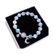 Pulseira De Cristal De Pedra Opala Azul Roxa Para Mulheres Com Pingente De Lua E Estrela Joia
