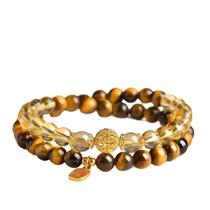 Pulseira de dupla camada, olho de tigre amarelo e cristal citrino