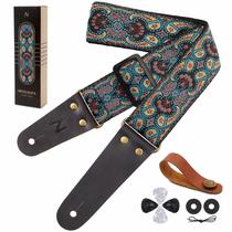 Pulseira de guitarra Nefelibata bordada em algodão com pontas de couro