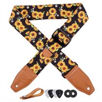 Pulseira de guitarra YIKOKO de 2 cm com estampa floral de algodão com ponta de couro