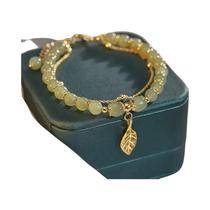 Pulseira De Jade Verde Para Mulheres Com Design De Folha Dourada, Pulseira De Dupla Corrente,