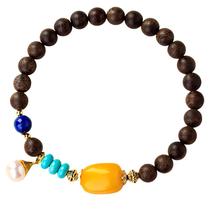 Pulseira de madeira de ágar natural para mulheres com âmbar, turquesa de 6 mm
