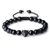 Pulseira de obsidiana preta com cabeça de pantera e olhos verdes Pulseira de obsidiana preta com cabeça de pantera e olhos verdes