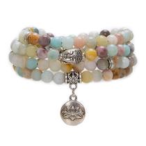Pulseira de pedra amazonita multicolorida com pingente de lótus e buda