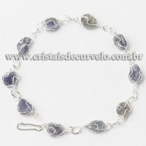 Pulseira de Pedra Quartzo Azul em Gaiola com Banho Prateado