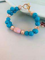 Pulseira de pedraria de miçangas com pérolas na cor Azul Pulseira de pedraria de miçangas com pérolas na cor Azul