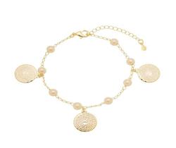 Pulseira de Pérolas Intercaladas com Pingentes de Pai Nosso Banhada em Ouro 18K