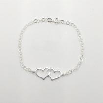 Pulseira de Prata 925 com Corrente de Elos Redondos e Dois Corações - 18cm