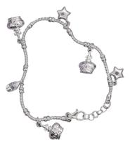 Pulseira De Prata Delicada Berloques Coroa Rainha Estrelas Pulseira De Prata Delicada Berloques Coroa Rainha Estrelas