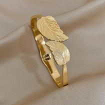 Pulseira De Punho De Folha Robusta De Aço Inoxidável Banhado a Ouro Para Mulheres Pulseiras De