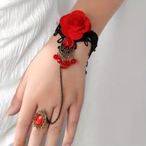 Pulseira de Renda Estilo Gótica Flor Anel Vermelha Bracelete hand harness - AB88