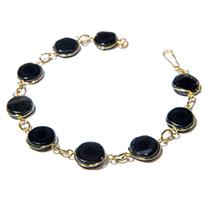 Pulseira Disco Pedra Obsidiana Negra Ranhurado Dourado Pulseira Disco Pedra Obsidiana Negra Ranhurado Dourado