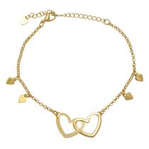 Pulseira Dois Corações Vazados e Corrente com Pingentes Folheada Em Ouro 18K Softjoias Pulseira Dois Corações Vazados e Corrente com Pingentes Folheada Em Ouro 18K Softjoias