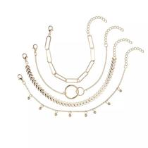 Pulseira Dourada 4pçs Ramo Folha Corrente Circulo Pulseira Dourada 4pçs Ramo Folha Corrente Circulo