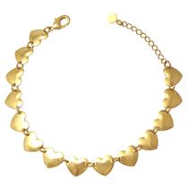 Pulseira Dourada com Fileira de Corações Folheada em Ouro 18K Softjoias