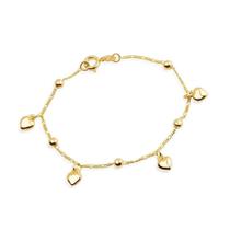 Pulseira Dourada Com Pingentes De Coração E Esferas Pulseira Dourada Com Pingentes De Coração E Esferas