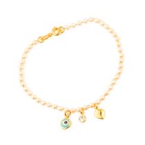 Pulseira Dourada de Pérolas com Olho Grego Coração e Ponto de Luz Pulseira Dourada de Pérolas com Olho Grego Coração e Ponto de Luz