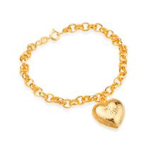Pulseira Dourada Elo Português com Coração Pulseira Dourada Elo Português com Coração