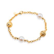 Pulseira Dourada Elo Português com Pérolas e Esferas Vazadas Pulseira Dourada Elo Português com Pérolas e Esferas Vazadas