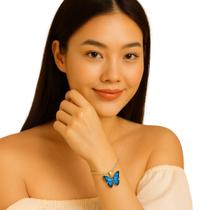 Pulseira Dourada Feminina Borboleta Azul com Strass Luxo
