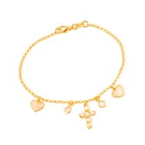 Pulseira Dourada Religiosa Cruz de Pérolas Coração Madrepérola Ponto de Luz
