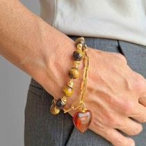 Pulseira Duas Voltas Olho de Tigre com Pingente de Coração Pulseira Duas Voltas Olho de Tigre com Pingente de Coração