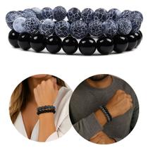Pulseira Dupla Artesanal com Pedras Naturais Polidas Energias Obsidiana Negra