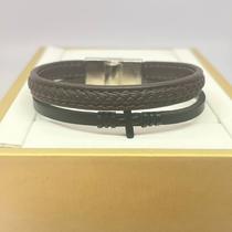 Pulseira Dupla com Cruz Fosca- Fecho de Imã Prata