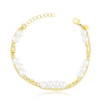 Pulseira Dupla Com Pérolas Shell E Elos Folheada A Ouro