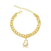 Pulseira dupla com pingente coração vazado cravejado e ponto de luz Pulseira dupla com pingente coração vazado cravejado e ponto de luz