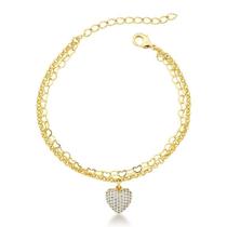 Pulseira dupla com pingente de coração cravejado Pulseira dupla com pingente de coração cravejado