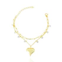 Pulseira Dupla Coração Liso e Zircônias Banhada a Ouro