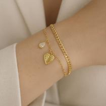 Pulseira Dupla Coração Ondulado e Gotinha Banhada a Ouro