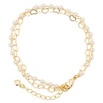 Pulseira Dupla Corações e Perolas Semi Joias Banhado Ouro 18K