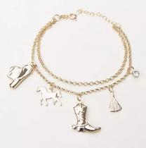Pulseira Dupla Country Chapéu Bota Cavalo Folheado