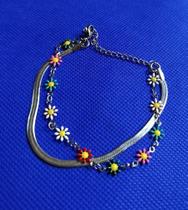 Pulseira Dupla Feminina com Flores Coloridas Margaridas