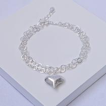 Pulseira Dupla Folheada a Prata com Pingente de Coração Abaulado