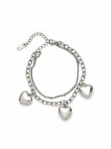 Pulseira Dupla Grumet Fina Cadeado Grosso Corações 22CM Aço