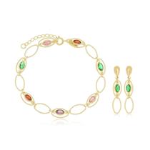 Pulseira E Brinco Elos Ovais Com Zircônia Banhado A Ouro 18K
