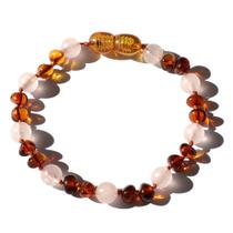 Pulseira e Tornozeleira Infantil 15cm Âmbar Báltico Mel Escuro Polido com Quartzo Rosa Pulseira e Tornozeleira Infantil 15cm Âmbar Báltico Mel Escuro Polido com Quartzo Rosa