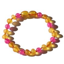 Pulseira e Tornozeleira Infantil 15cm Âmbar Báltico Mel Não Polido com Ágata Rosa Pulseira e Tornozeleira Infantil 15cm Âmbar Báltico Mel Não Polido com Ágata Rosa