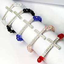 Pulseira elástico miçanga crucifixo strass